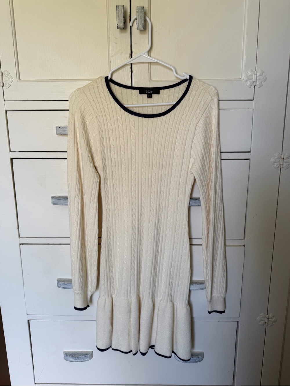 Lulu's Cream Cable-Knit Mini Dress with Navy Trim